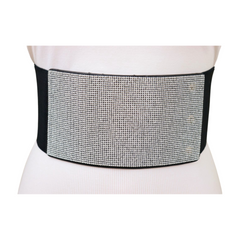 Women Wide Black Stretch Band Fashion Belt Silver Rhinestones Fit Size S M