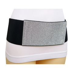 Women Wide Black Stretch Band Fashion Belt Silver Rhinestones Fit Size S M
