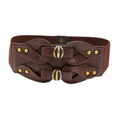 Women Brown Wide Elastic Belt Hip High Waist Antique Gold Metal Studs S M