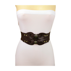 Women Brown Wide Elastic Belt Hip High Waist Antique Gold Metal Studs S M