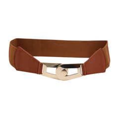 Women Brown Elastic Skinny Waistband Hip High Waist Belt Gold Metal Buckle S M