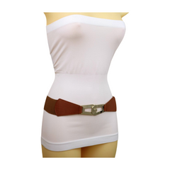 Women Brown Elastic Skinny Waistband Hip High Waist Belt Gold Metal Buckle S M