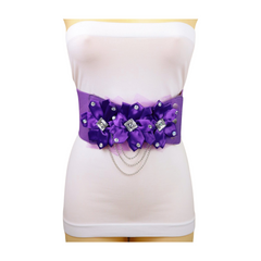 Women Purple Wide Elastic Band Belt High Waist Hip Lace Bling Flower Size S M