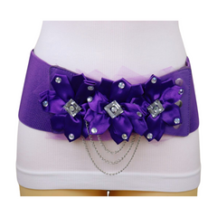 Women Purple Wide Elastic Band Belt High Waist Hip Lace Bling Flower Size S M