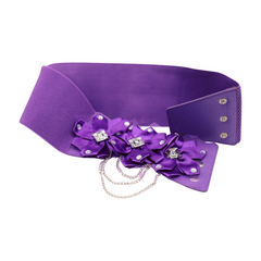 Women Purple Wide Elastic Band Belt High Waist Hip Lace Bling Flower Size S M