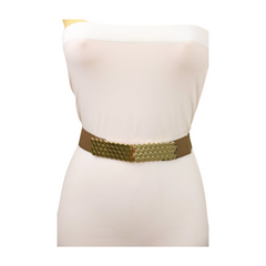 New Women Brown Taupe Elastic Skinny Fashion Belt Gold Metal Beehive S M