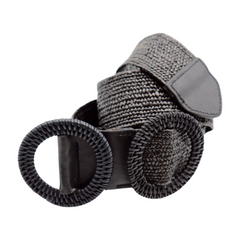 Women Black Braided Elastic Waistband Fabric Belt Double Round Buckle Size S M L