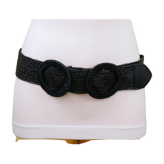 Women Black Braided Elastic Waistband Fabric Belt Double Round Buckle Size S M L