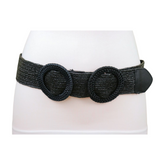 Women Black Braided Elastic Waistband Fabric Belt Double Round Buckle Size S M L