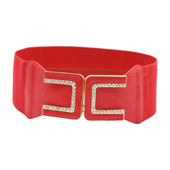 Women Elastic Wide Coral Red Color High Waist Hip Belt Gold Square Buckle S M
