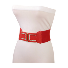 Women Elastic Wide Coral Red Color High Waist Hip Belt Gold Square Buckle S M