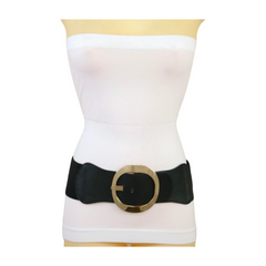 New Women Black Wide Faux Leather Fashion Elastic Waistband Belt Gold Round Buckle XS S