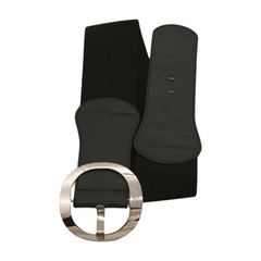 New Women Black Faux Leather Wide Fashion Elastic Belt Silver Round Metal Buckle S