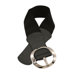 New Women Black Faux Leather Wide Fashion Elastic Belt Silver Round Metal Buckle S