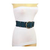 Women Blue Faux Leather Elastic Band Fashion Belt Gold Metal Buckle Studs S M