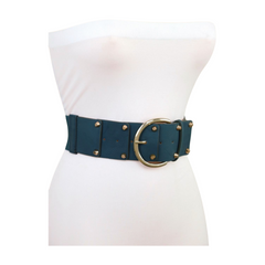 Women Blue Faux Leather Elastic Band Fashion Belt Gold Metal Buckle Studs S M