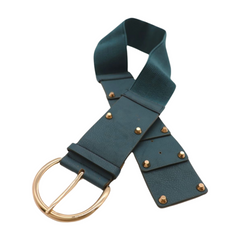 Women Blue Faux Leather Elastic Band Fashion Belt Gold Metal Buckle Studs S M