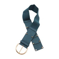 Women Blue Faux Leather Elastic Band Fashion Belt Gold Metal Buckle Studs S M
