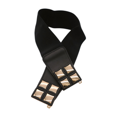 New Women Black Faux Leather Elastic Band Belt Gold Metal Mini Squares Buckle S M
