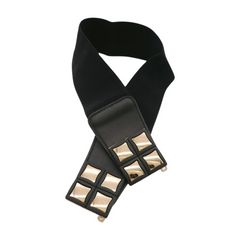 New Women Black Faux Leather Elastic Band Belt Gold Metal Mini Squares Buckle S M
