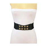 New Women Black Faux Leather Elastic Band Belt Gold Metal Mini Squares Buckle S M