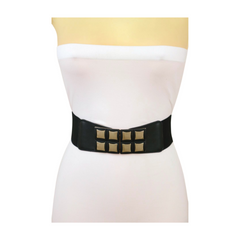 New Women Black Faux Leather Elastic Band Belt Gold Metal Mini Squares Buckle S M