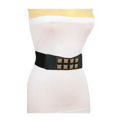 New Women Black Faux Leather Elastic Band Belt Gold Metal Mini Squares Buckle S M