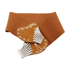 New Women Brown Faux Leather Wide Elastic Belt Angel Wings Silver Buckle Size S M