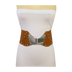 New Women Brown Faux Leather Wide Elastic Belt Angel Wings Silver Buckle Size S M