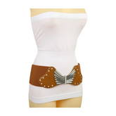 New Women Brown Faux Leather Wide Elastic Belt Angel Wings Silver Buckle Size S M