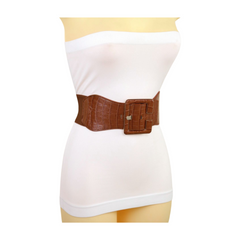 New Women Brown Wide Elastic Band Fashion Belt Hip High Waist Big Square Buckle S M