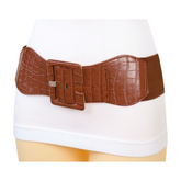 New Women Brown Wide Elastic Band Fashion Belt Hip High Waist Big Square Buckle S M
