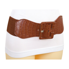 New Women Brown Wide Elastic Band Fashion Belt Hip High Waist Big Square Buckle S M