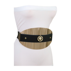 New Women Black Elastic Fashion Belt Hip Waist Gold Metal Big Oval Plate Lion Coin Adjustable Size S M