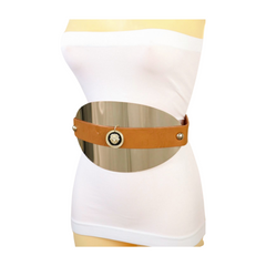 New Women Brown Elastic Waistband Belt Gold Metal Oval Plate Lion Coin Charm Fit Size S M