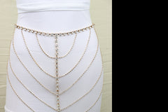 New Women Gold Metal Chain Wave High Waist Belt Rhinestone S M