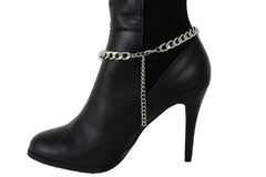 Brand New Women Silver Metal Chain Boot Bracelet Shoe Anklet 2 Rings Charm SET BC129