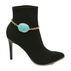 Brand New Women Gold Metal Chain Boot Bracelet Shoe Turquoise Blue Bead Charm Southwestern SET BC113