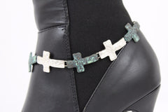 Brand New Women Silver Metal Boot Chain Bracelet Shoe Anklet Turquoise Ethnic Cross Charm SET BC132