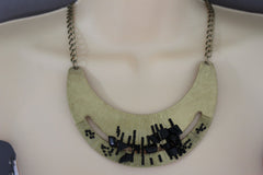 Brand New Women Gold Crescent Necklace Black Stone Look Bead Earrings - WN5