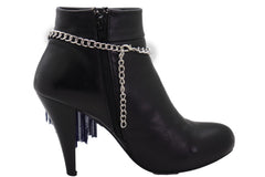 Brand New Women Silver Metal Boot Chain Bracelet Shoe Anklet Blue Bead Tassel Fringes Charm SET BC258