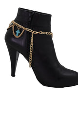 Brand New Women Gold Metal Boot Chain Bracelet Shoe Anklet Turquoise Blue Cross Charm SET BC213