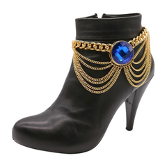 Brand New Women Gold Metal Boot Chain Bracelet Shoe Anklet Bling Big Blue Bead Shine Charm SET BC267