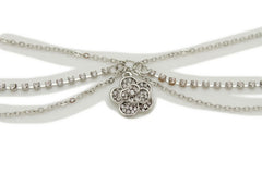 Brand New Women’s Silver-Tone Flower Charm Choker Necklace, Adjustable Layered Chain Rhinestone Pendant Fashion Jewelry, Dainty Necklace For Brunch, Vacation, Dinner And Going Out Style - WN24
