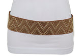New Women Brown Elastic Fashion Belt Gold Metal Stud Chevron S M