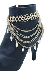 Brand New Women Gold Metal Boot Chain Bracelet Shoe Anklet Multi Wave Strand Leaf Charm SET BC158