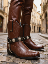 Brand New Men Biker Adult Faux Leather Boot Straps Black With Silver Chain and Buffalo Coin Medallion Pair M21