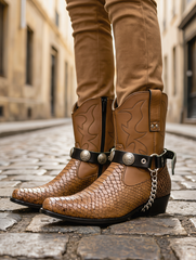 Brand New Men Biker Adult Faux Leather Boot Straps Black With Silver Chain and Native Indian Head Coin Medallion Pair M20