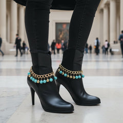 Brand New Women Gold Metal Boot Chain Bracelet Shoe Anklet Turquoise Blue Beads Ball Charms SET BC277