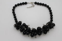 Brand New Short Black Cluster Pearl Beads Bib Necklace Clear Faceted Dangles 16 Inch New- WN56